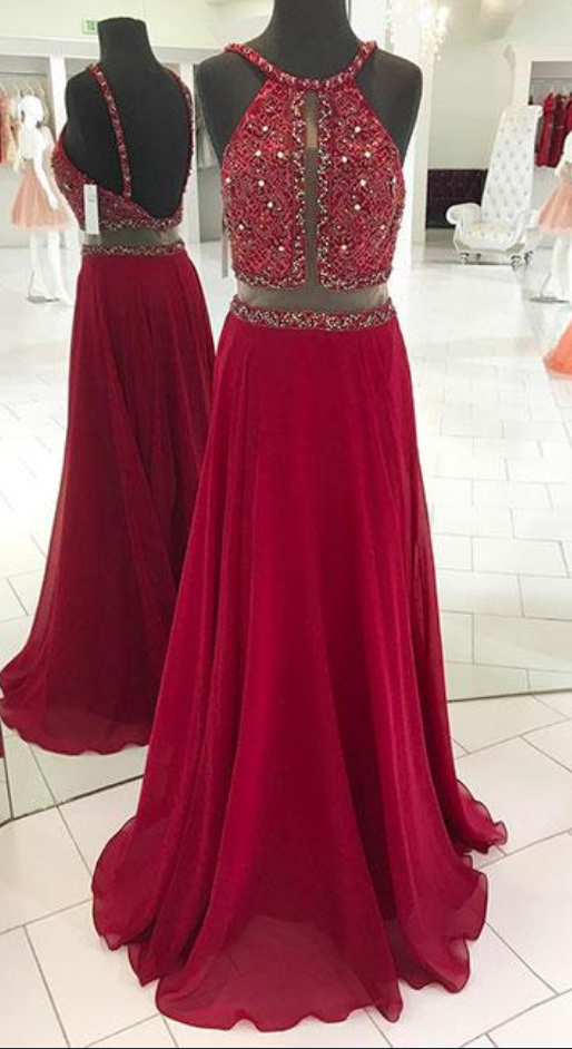 Burgundy Red Backless Beads Long Prom Dress, Red Evening Dress