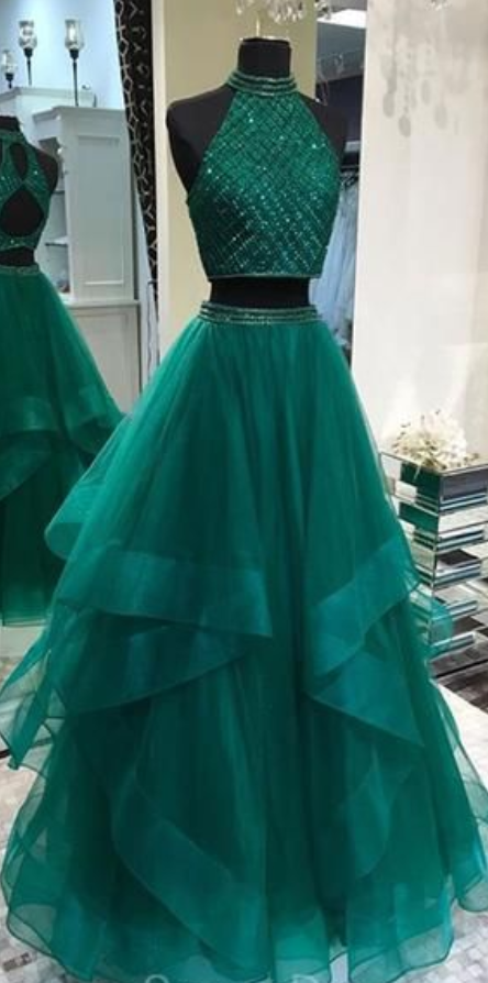 Sexy Prom Dress Two Pieces Evening Dress Emerald Green Party Dress Open Back Evening Prom Dresses, Custom Sweet 16 Dresses,