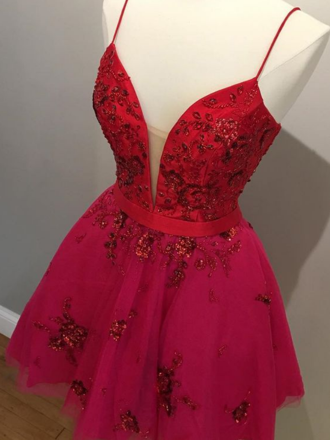Red Spaghetti Strap Satin Homecoming Dress with Lace, Simple Little Red Homecoming Dress UQ2120