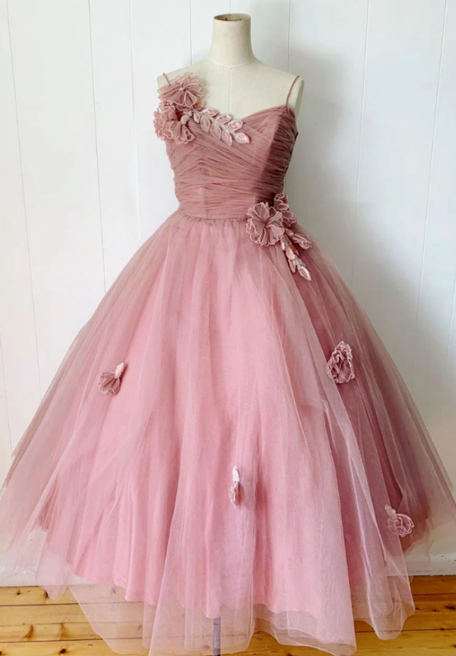 Pink Sweetheart Tulle Tea Length Prom Dress Bridesmaid Dress