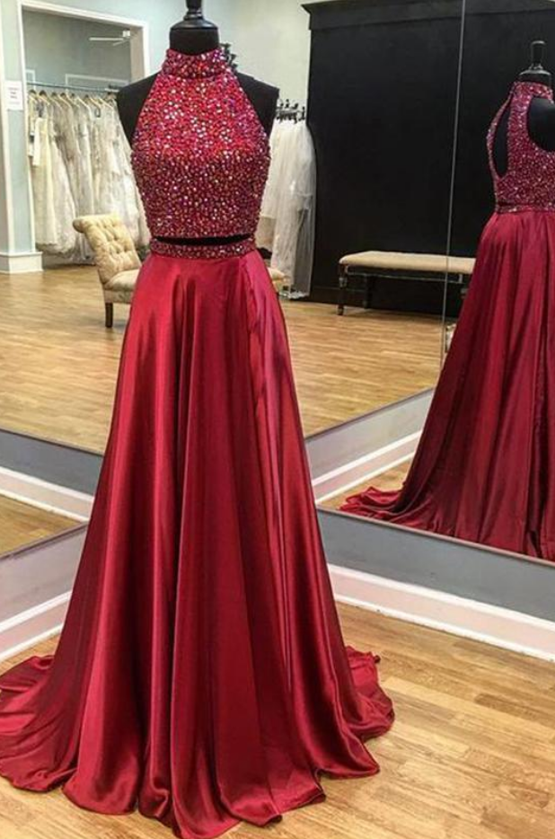 Dark Red Halter Evening Dress Open Back Beaded Long Prom Dresses