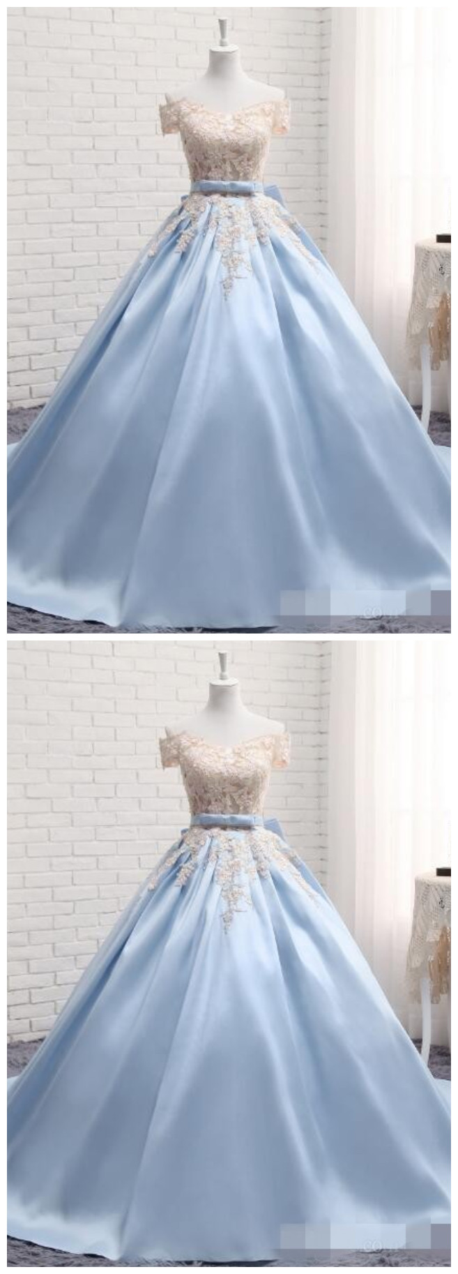 Baby Blue Off The Shoulder Sleeves Prom Dresses, Ball Gown Applique Prom Dress,pearls Bow Ribbon Sweet 16 Dress Evening Gowns