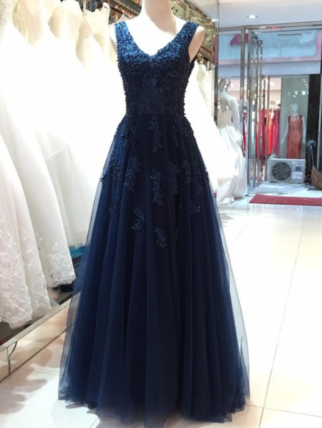 Navy Blue Formal Dresses,elegant Navy Blue Tulle Backless Floor Length Prom Dresses, Party Gowns, Evening Dresses, Woman Dress For Prom And