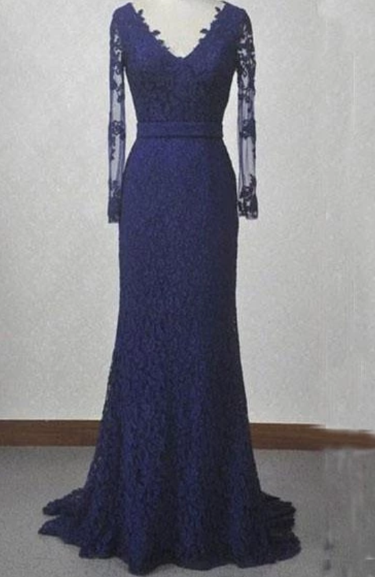 Navy Blue Lace Mermaid Long Sleeves Open Back Floor-length Prom Dresses ...