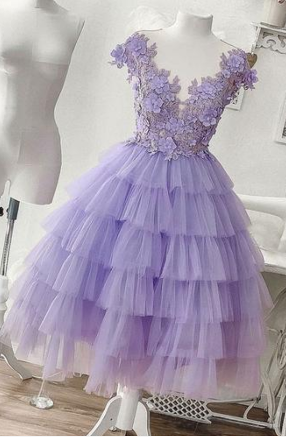 Lilac Tulle Layered Cap Sleeve Short Prom Dress, Party Dress