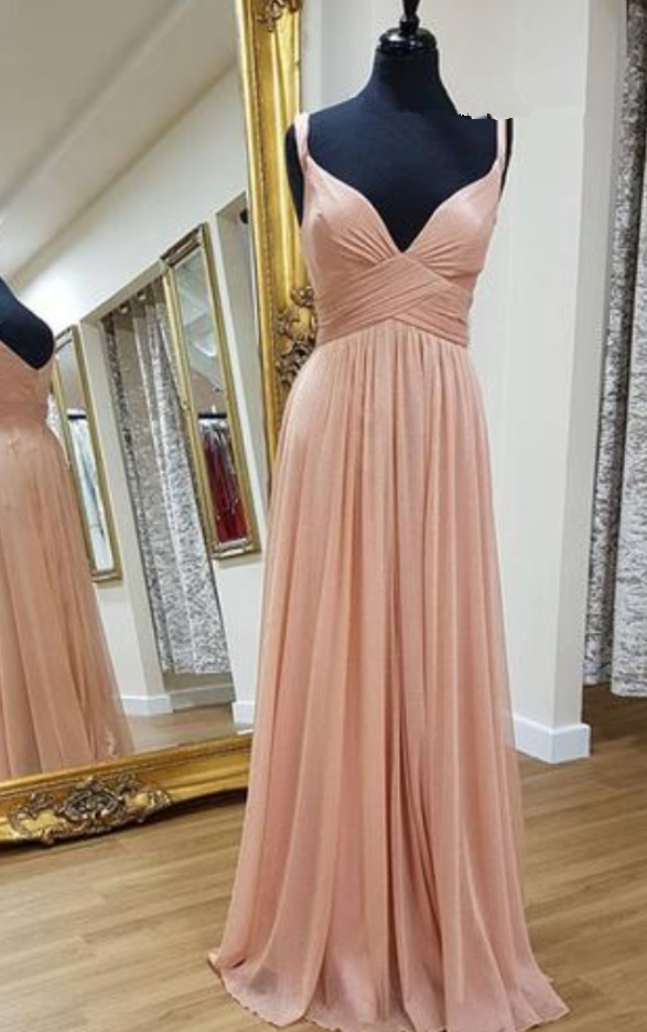 Spring Pink Chiffon V Neck Simple Long Prom Dress, Custom Made Evening Dress