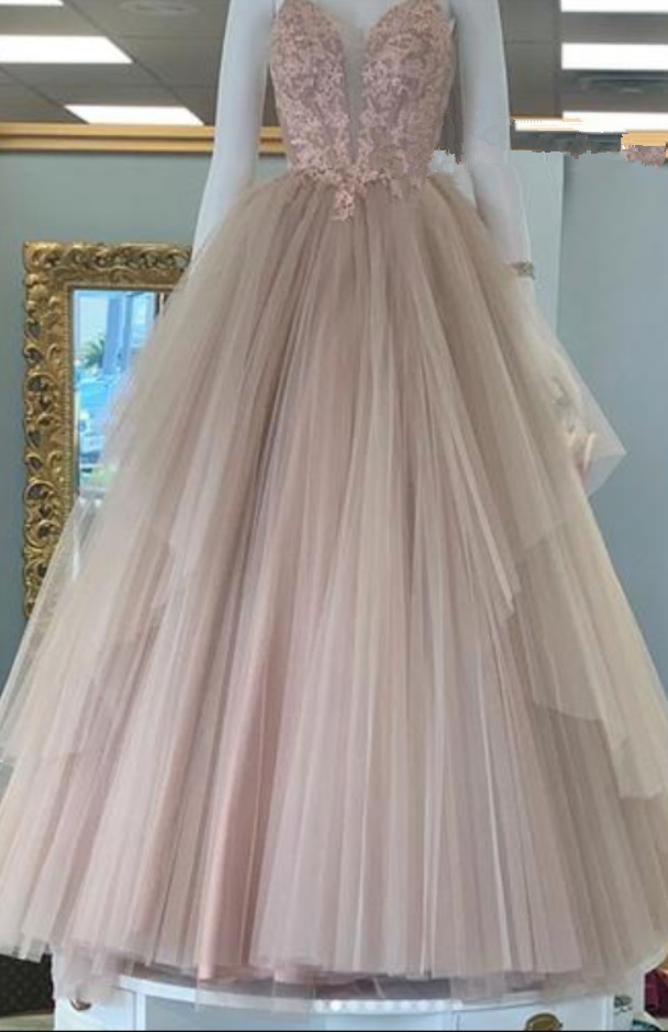 Unique Pink Lace Long Pleated Senior Prom Dress, Sleeveless Tiered Up Evening Dress