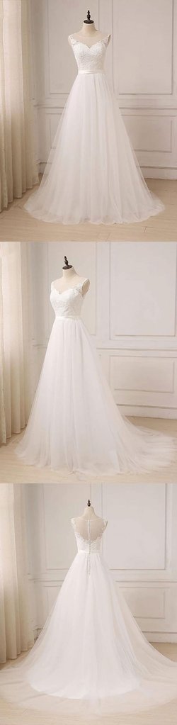 Simple White Tulle Lace Long Pageant Prom Dress, Evening Dress