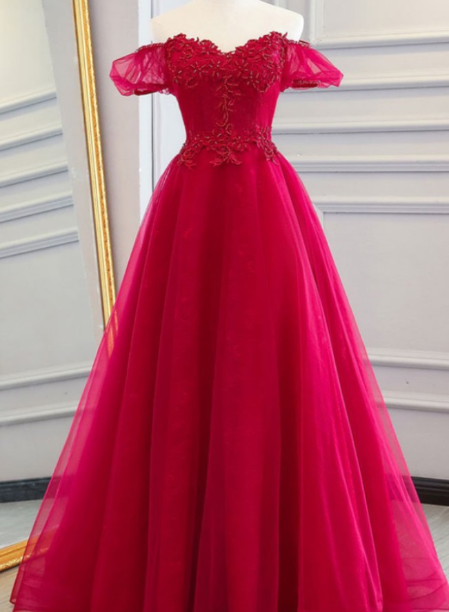 Red Tulle Off Shoulder Custom Size Lace Up Senior Prom Dress, Evening Dress With Sleeve