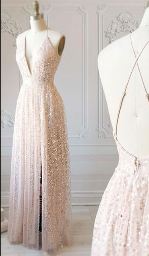 Champagne Sequined Tulle Backless Long V Neck Side Slit Prom Dress