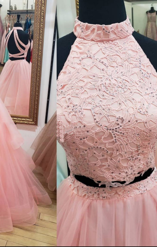 Pink Tulle Two Piece Cross Back Long Two Piece Prom Dress, Lace Homecoming Dress