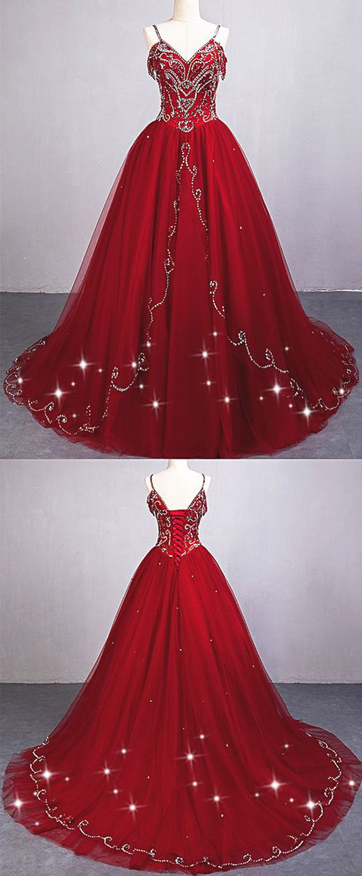 Burgundy Tulle Spaghetti Straps High Waistline Sequined Long Quinceanera Dress, Ball Gown