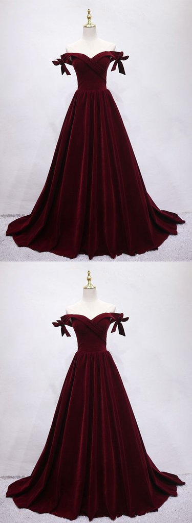 Simple Burgundy Satin Off Shoulder Long Prom Dress, Evening Dress