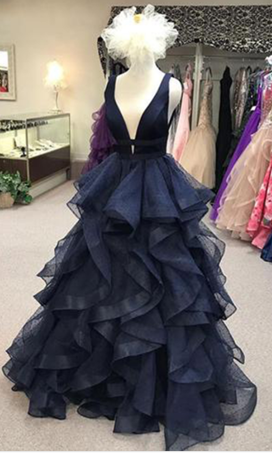 Navy Blue V Neck Long Layered Evening Dress, Senior Prom Dress