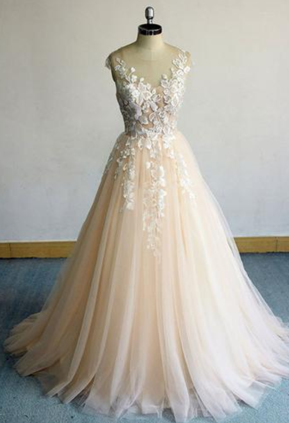 Champagne Tulle Cap Sleeve Long Lace Prom Dress, Evening Dress