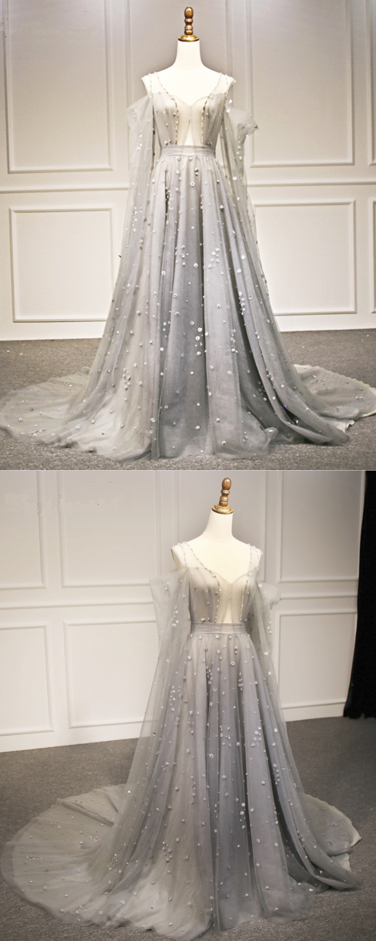 Gray Tulle Beaded Long A Line Custom Made Prom Dress With Sleeves