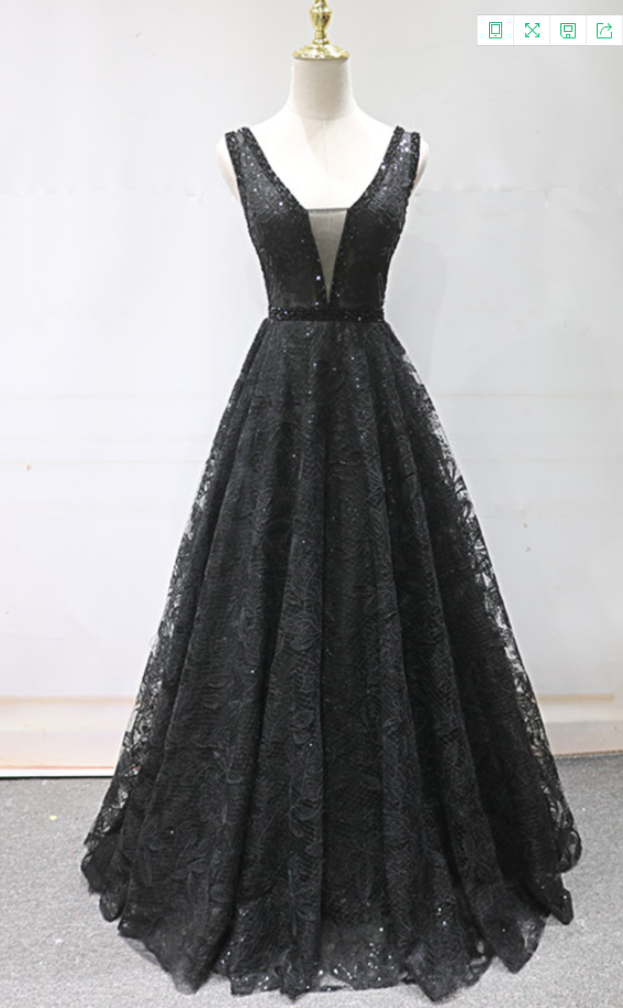 Black Lace V Neck Beaded Long Formal Prom Dress, Black Evening Dress
