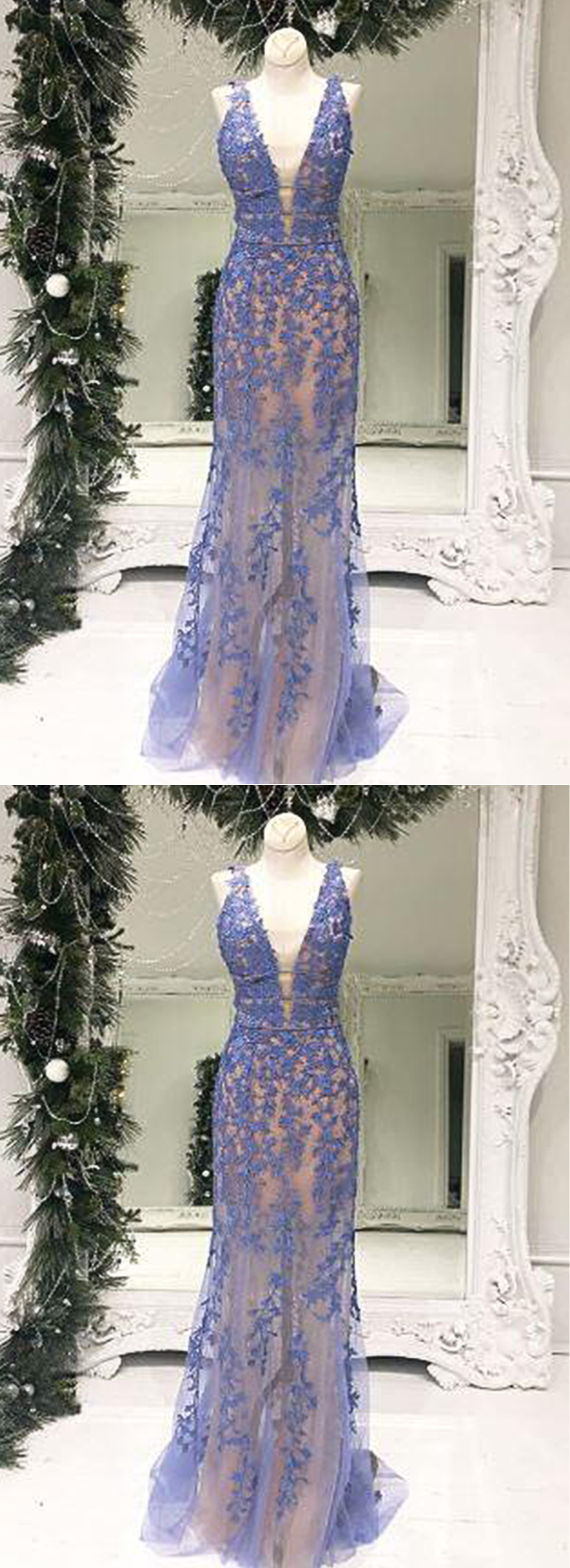 Blue Lace V Neck Long Halter Prom Dress, Long Mermaid Evening Dress