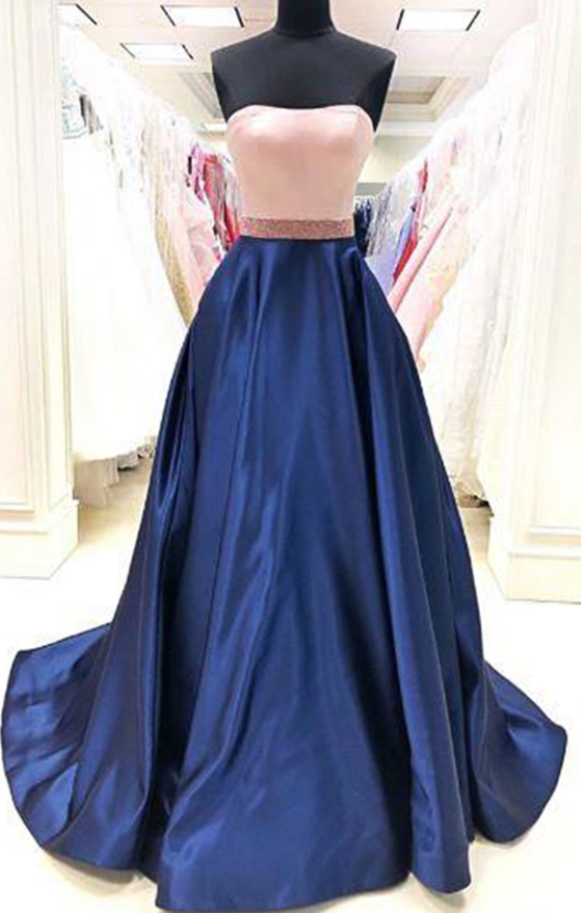 Simple Blue Satin Strapless Long A Line Prom Dress, Long Party Dress