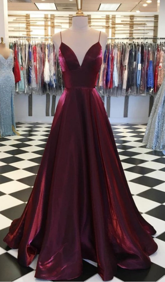 Simple Burgundy V-Neck Satin Prom Dress Long Evening Dress With Split S6547 main image 0