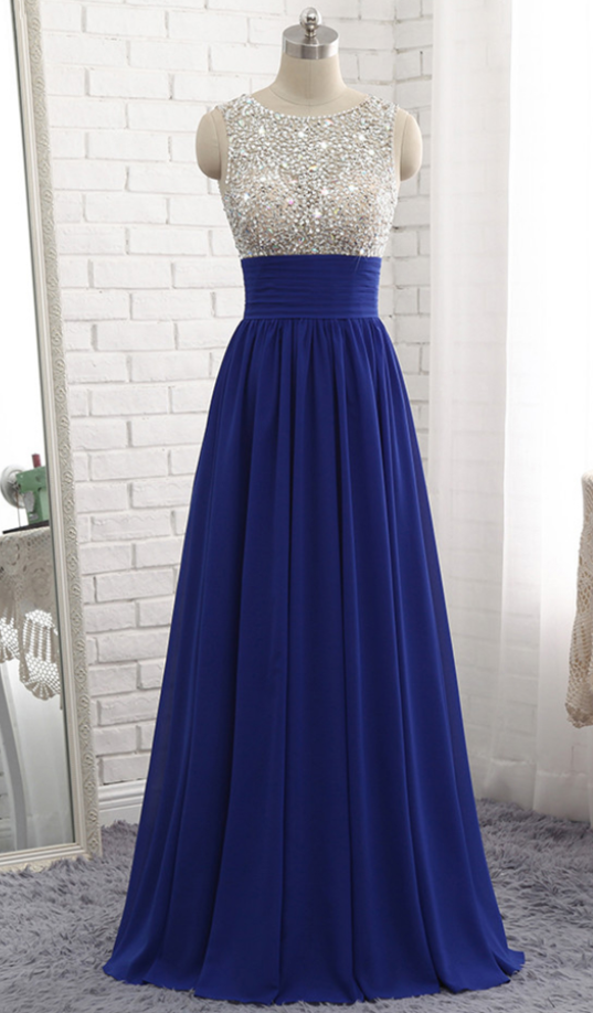 Royal Blue Chiffon Sequined Long A Line Prom Dress, Bridesmaid Dress