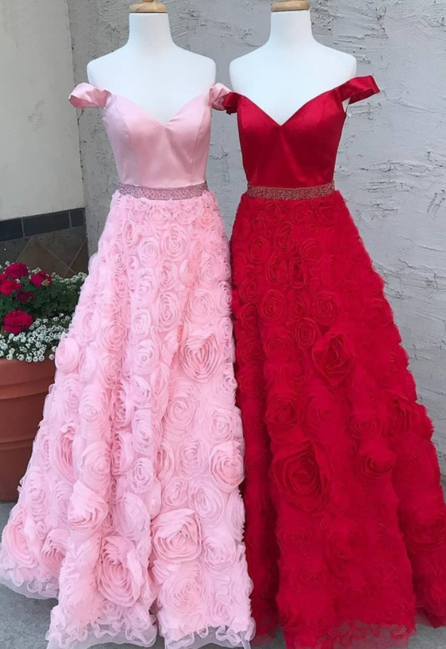 Pink Satin 3d Flora Long Off Shoulder Prom Dresses Beaded Red Satin Evening Party Gowns, Formal Pageant Dress