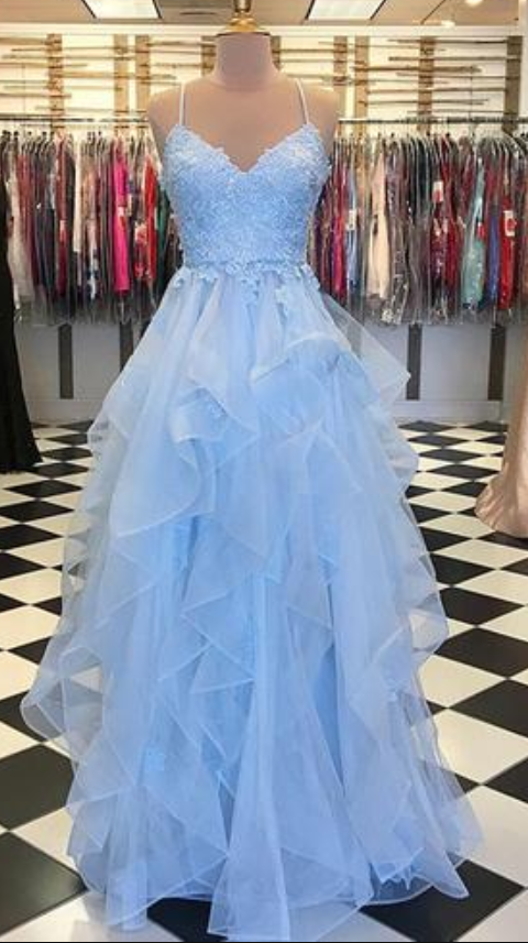 Baby Blue Tulle Spaghetti Straps Long Ruffles Lace Evening Dress, Prom Dress For Teens