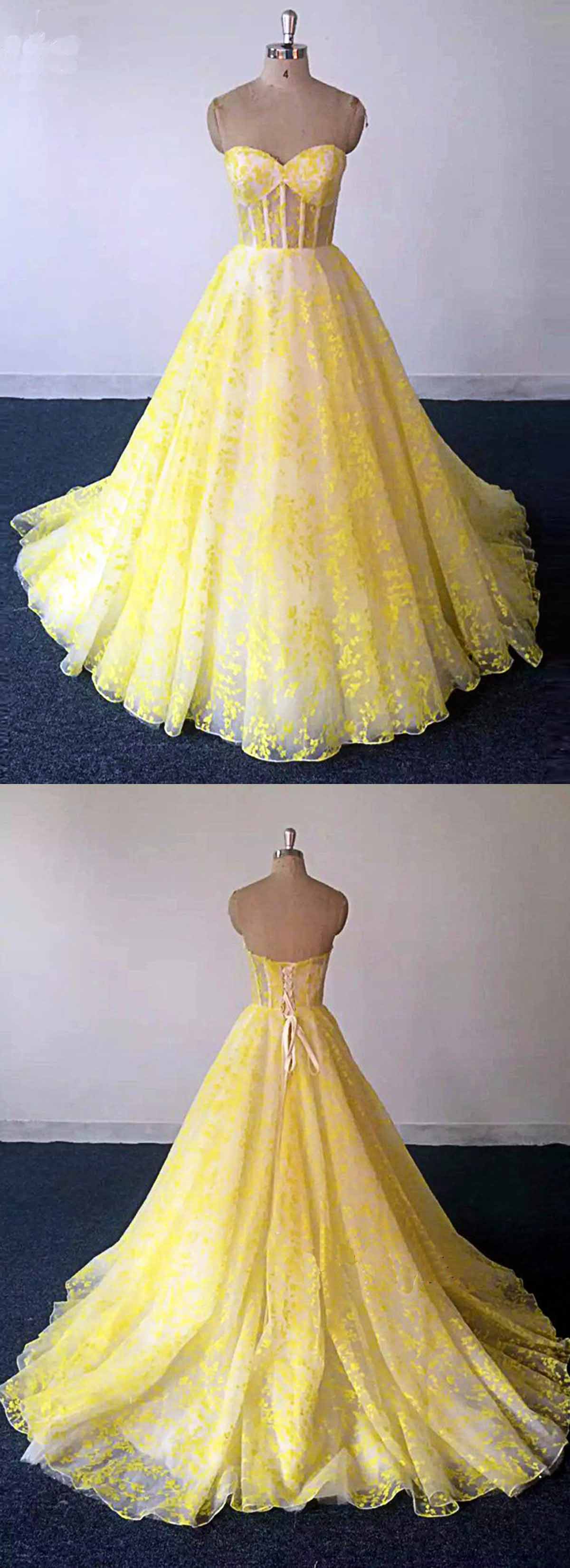 Yellow Lace Strapless Long Customize Size Evening Dress, Prom Dress For Teens