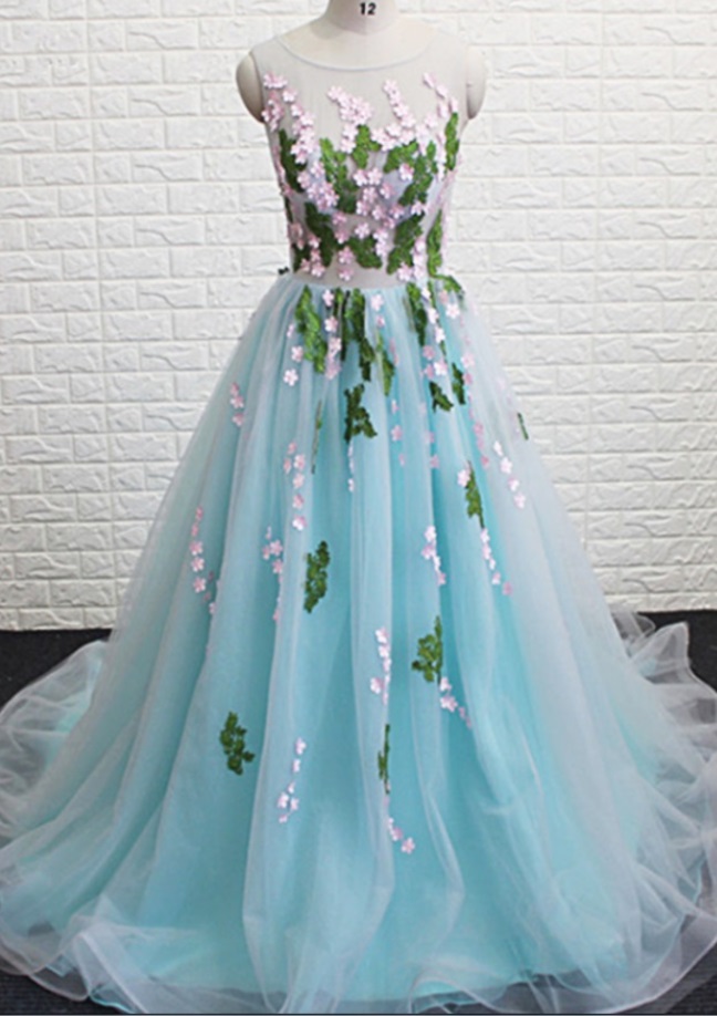 Light Blue Tulle Puffy Long Colorful Flower Applique Sweet Prom Dress, Evening Dress