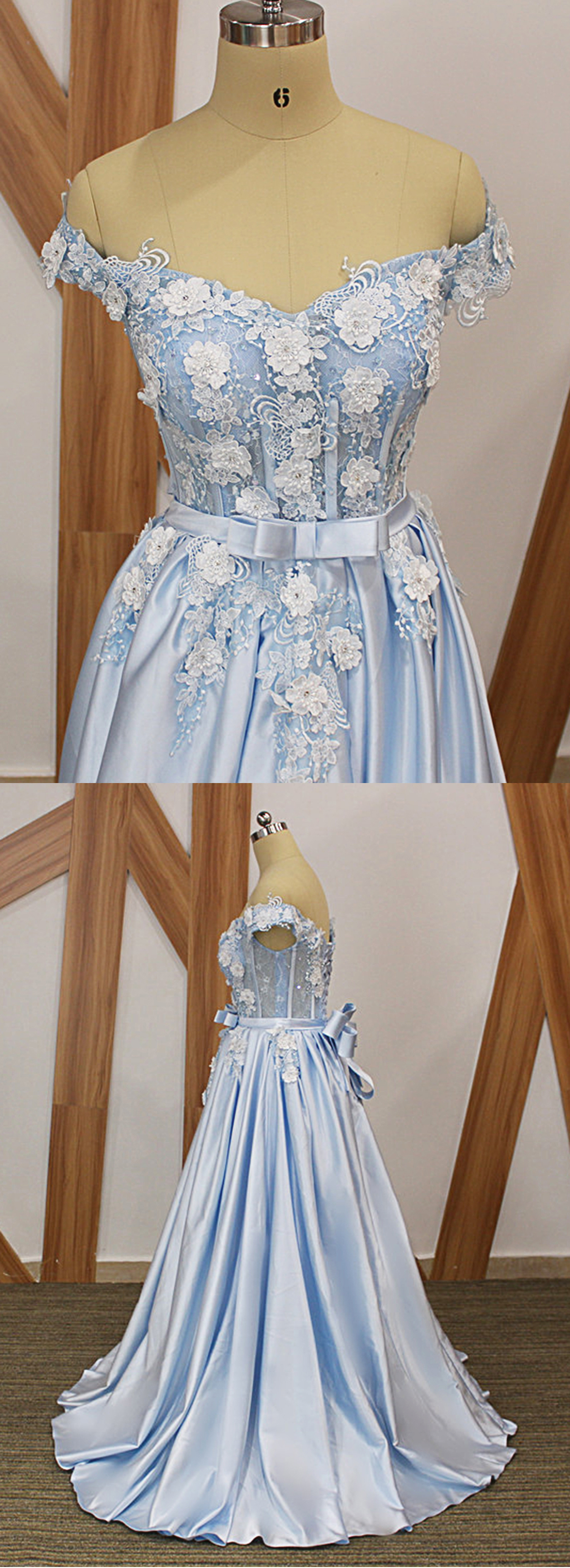 Baby Blue Satin Off Shoulder Long Sweetheart Senior Prom Dress With Applique