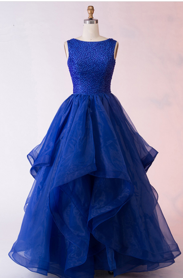Royal Blue Organza Layered Long Open Back Sequins Prom Gown, Evening Dress