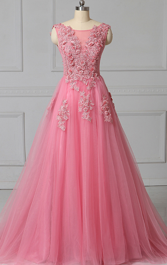 Unique Pink Tulle Scoop Neck 3d Lace Applique Evening Dress, Prom Dress