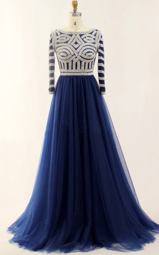 Deep Blue Tulle Beaded Long Sleeve Formal Prom Dress, Evening Dress