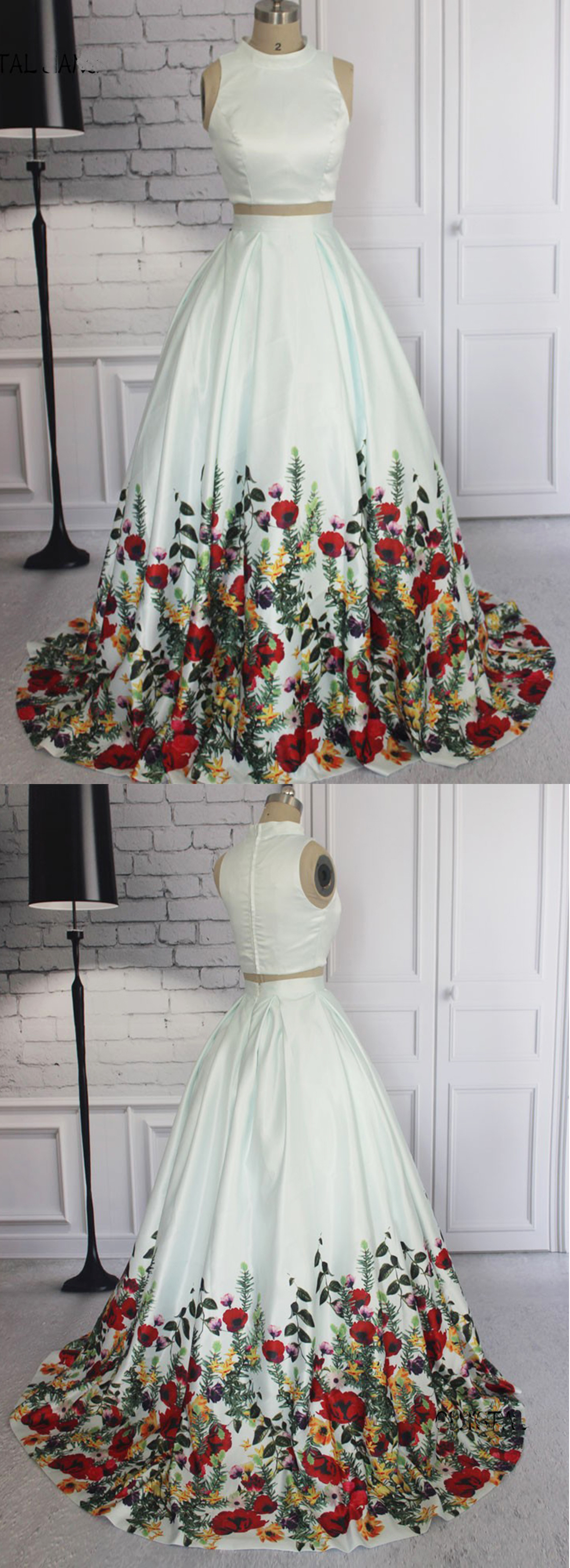 White Satin Two Pieces Floral Long Prom Dress, Homecoming Dress on Luulla