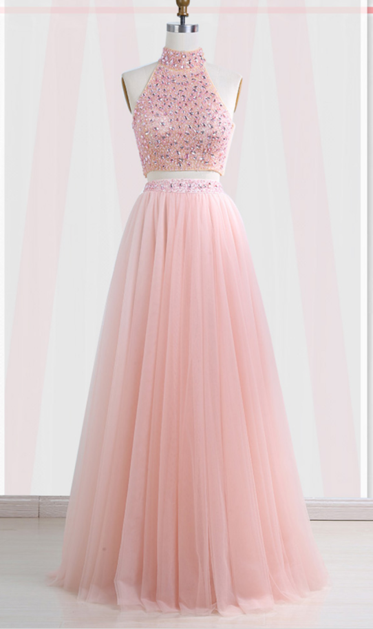 Pink Tulle Two Pieces Long Beaded Hight Neck Evening Dress, Formal Dress