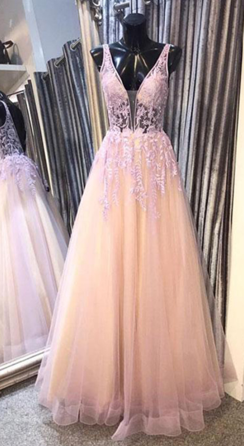Pink V Neck Tulle Lace Long Senior Prom Dress, Evening Dress