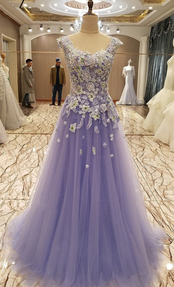 Lavender Tulle Beaded Sequin Embroidery Long Formal Prom Dress