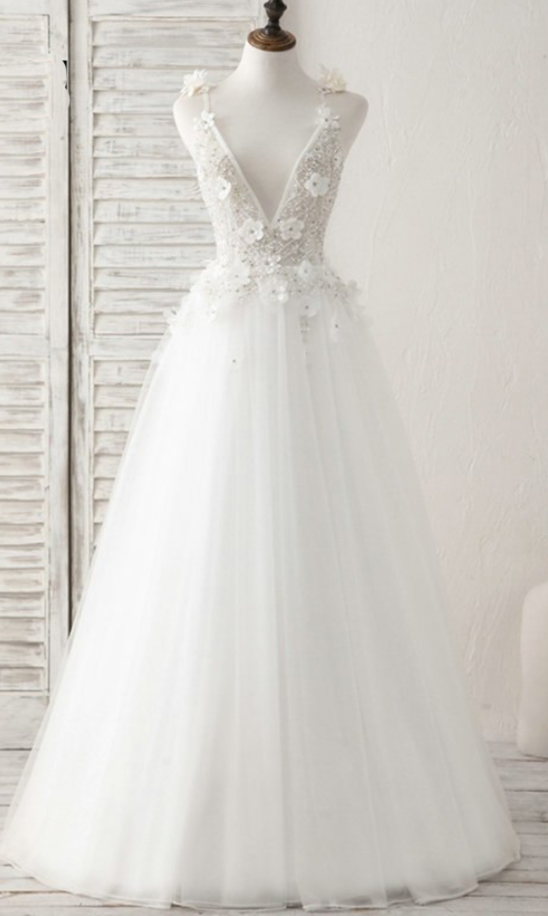 White Tulle V Neck Beaded Long Formal Prom Dress, Bridal Dress