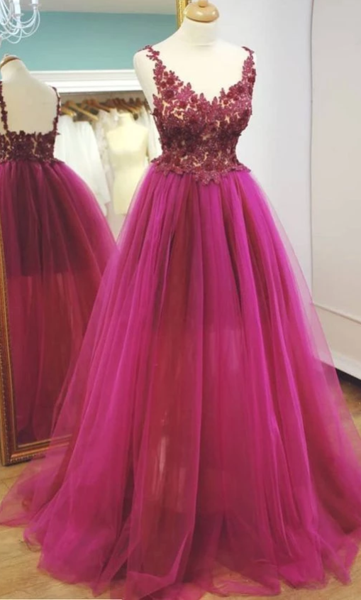 Long Tulle Prom Dresses,formal Dress,prom Dress, Lace Appliques Evening Dresses