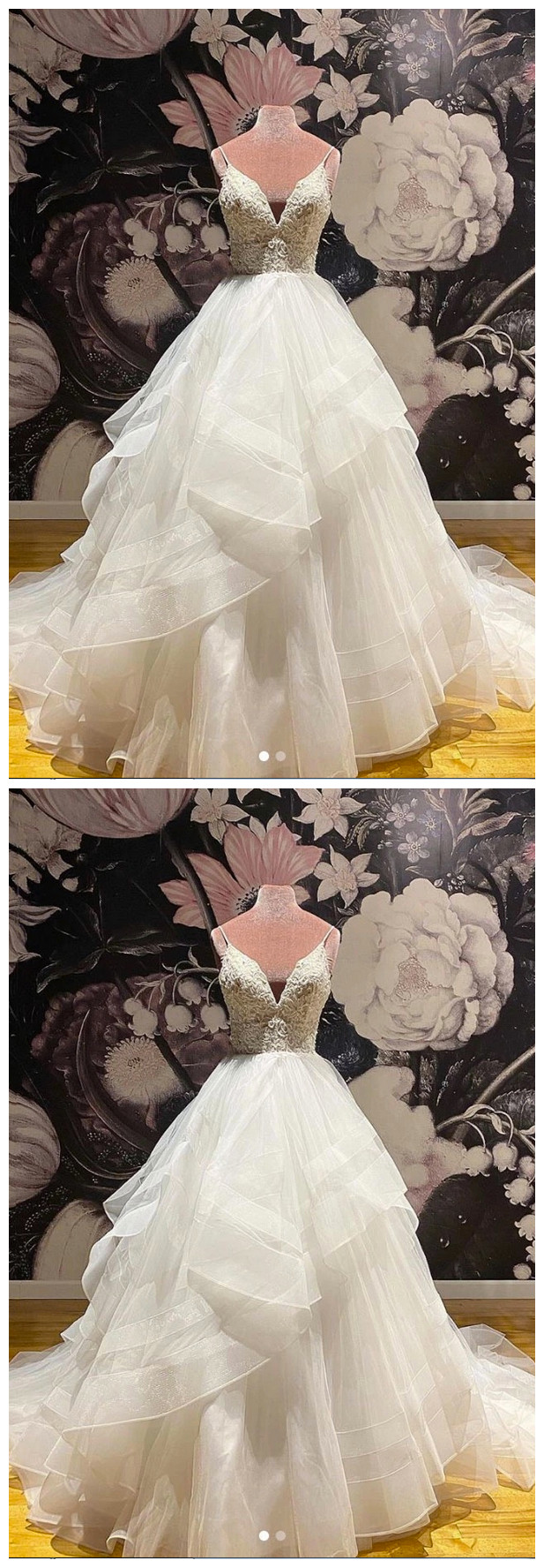 White Tulle Lace Spaghetti Straps Long Formal Dress, Wedding Dresses