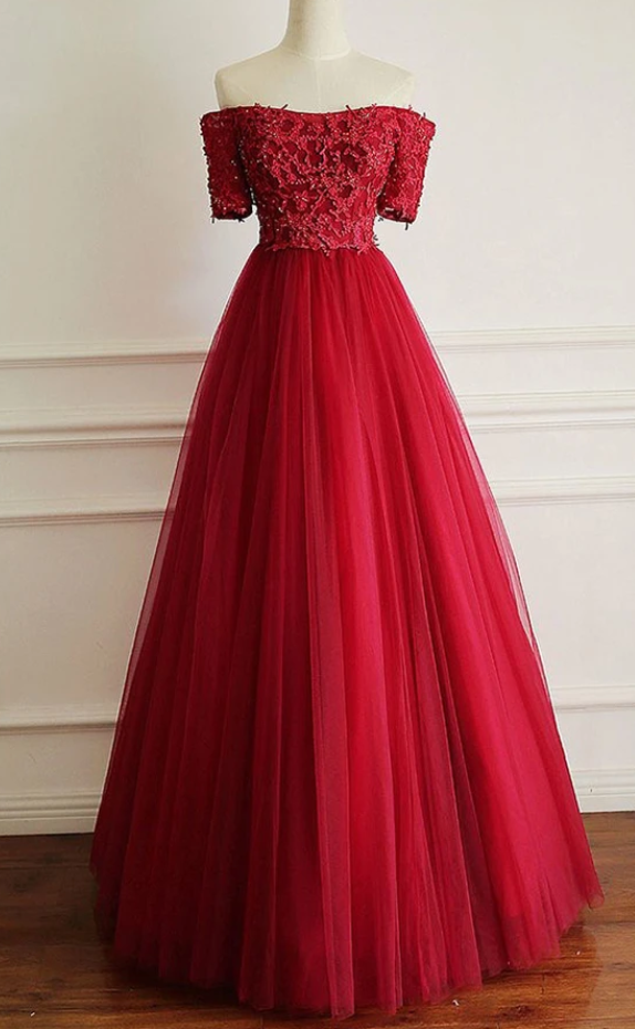 Decent Off Shoulder Short Sleeves Red Prom Dress With Beading