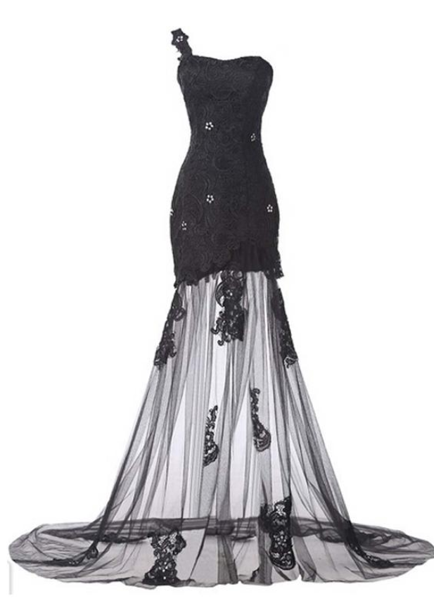 Gothic Transparent One Shoulder Lace Tulle Evening Dress Black Sheath Custom Made Crystal Sweep Train Real Image Long Formal Gowns