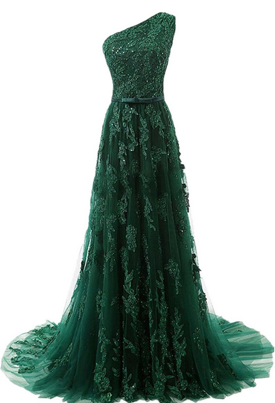 A Line Lace One Shoulder Hunter Green Tulle Evening Dresses Beading Real Image Long Prom Gowns Appliques Custom Made Vintage Sash