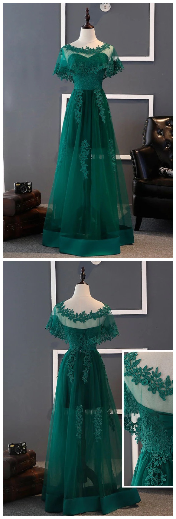 A-line Green Lace Tulle Prom Dress Generous High School Graduation Dress Y706 main image 1
