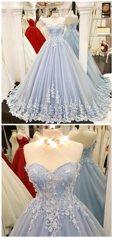 Light Blue Tulle Sweetheart Long 3d Flowers Sweet 16 Dress, Quinceanera Dress