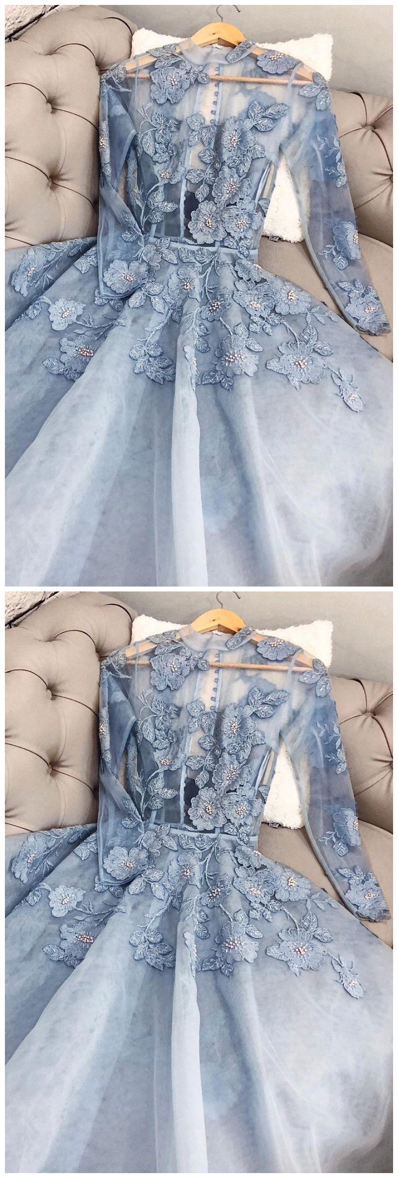 Beautiful Blue Tulle Long Handmade Formal Gown with Applique, Charming Evening Dress
