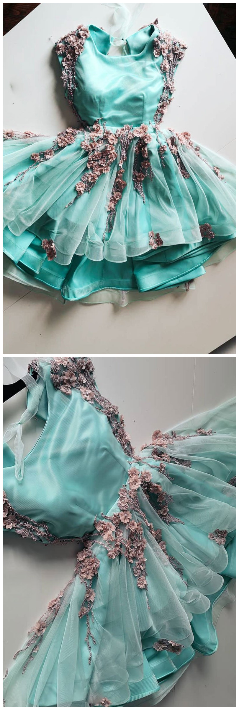 Light Green Tulle Short 3d Lace Applique Prom Dress, Mini Homecoming Dress