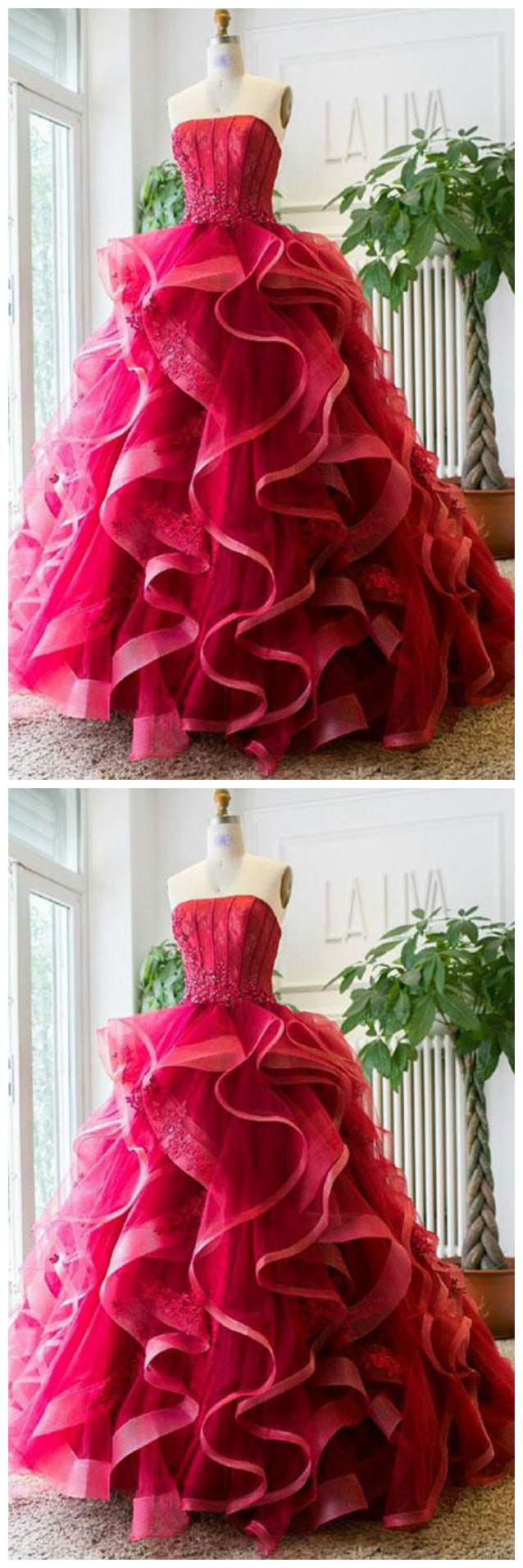Unique Ruffled Tulle Appliques Prom Dress,burgundy Long Prom Dress,strapless Graduation Dress,ball Gown Evening Dress,sweet 16 Dresses,