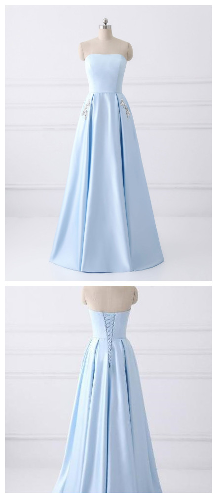 A-line Strapless Long Prom Dresses With Pocket, Light Blue Satin Prom Gowns