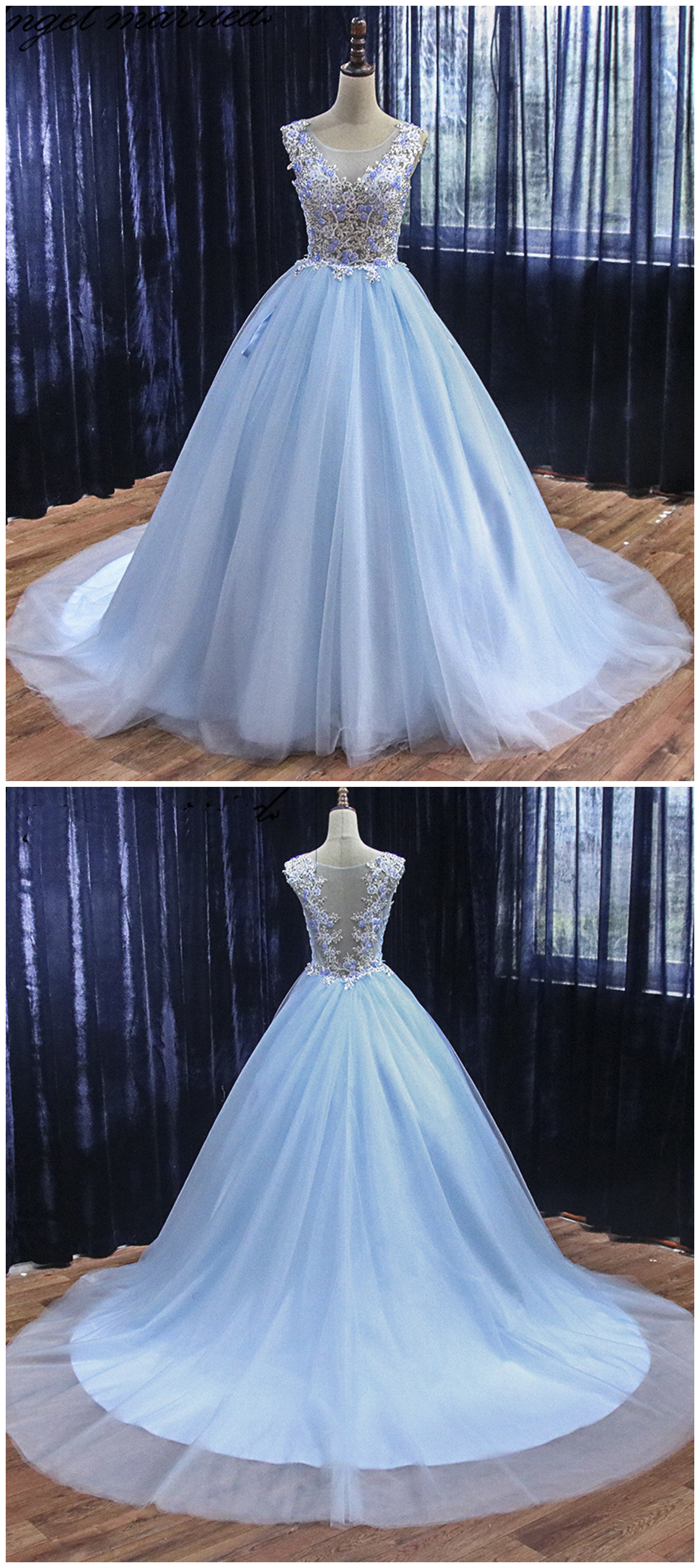 Light Sky Blue Tulle Custom Made Long Sweet 16 Prom Dress, Quinceanera Dress